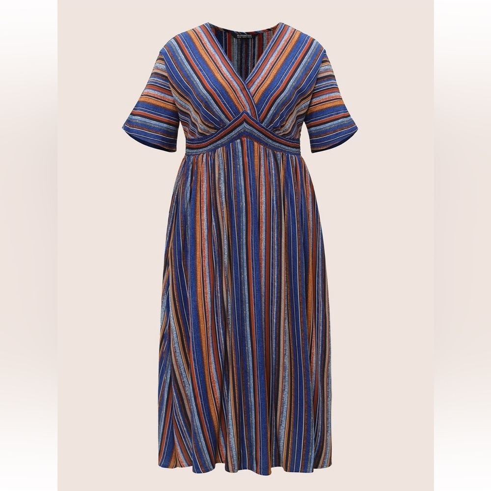 BloomChic Striped Contrast Dolman Sleeve Shirred Pocket Split Flutter Dress - Picture 6 of 7